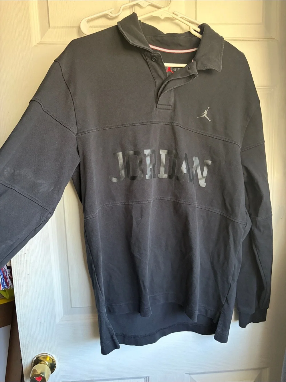 Jordan Men's Dark Gray Polo-Style Sweatshirt with Chest Lettering